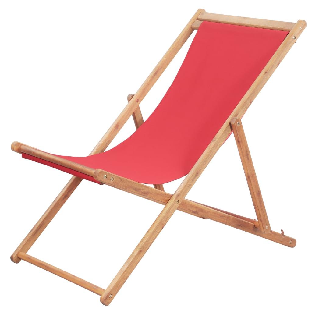 Folding Beach Chair Fabric and Wooden Frame Red