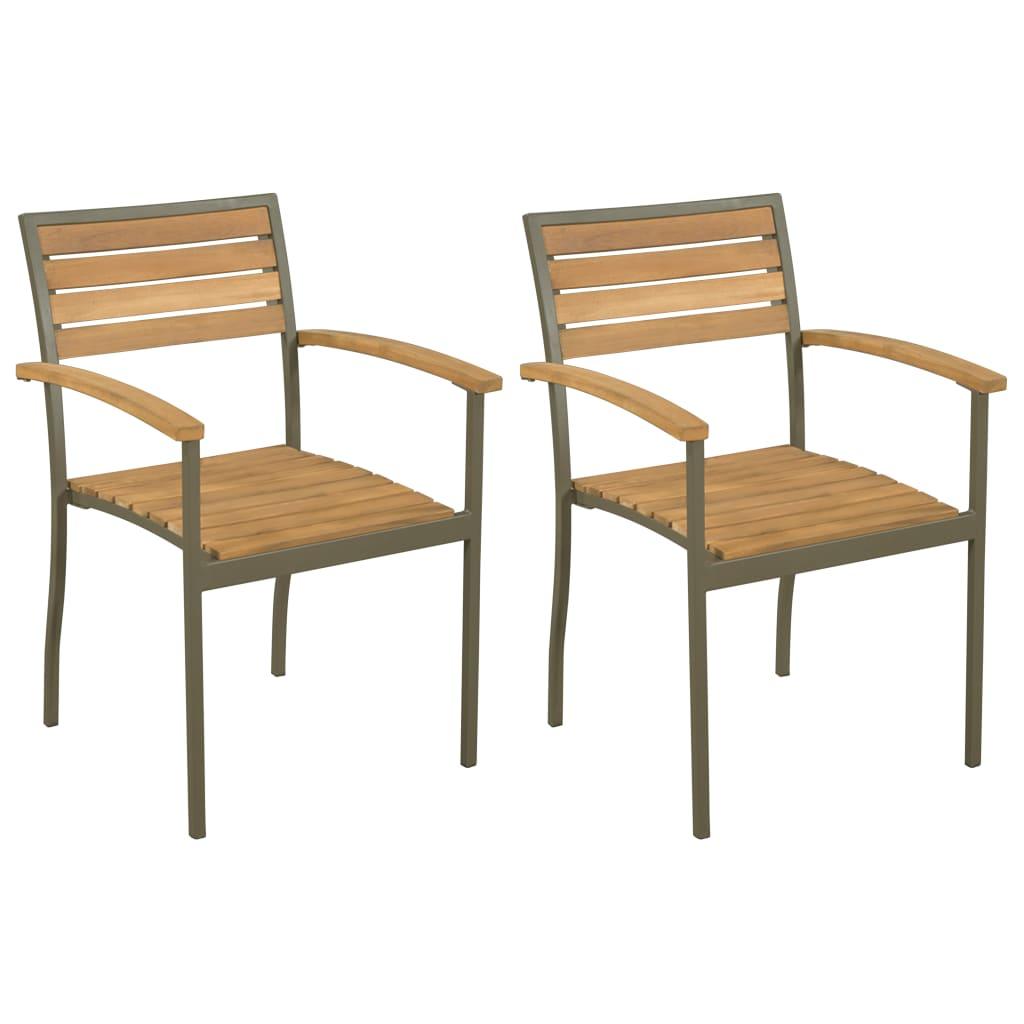 Stackable Patio Chairs 2 pcs Solid Acacia Wood and Steel