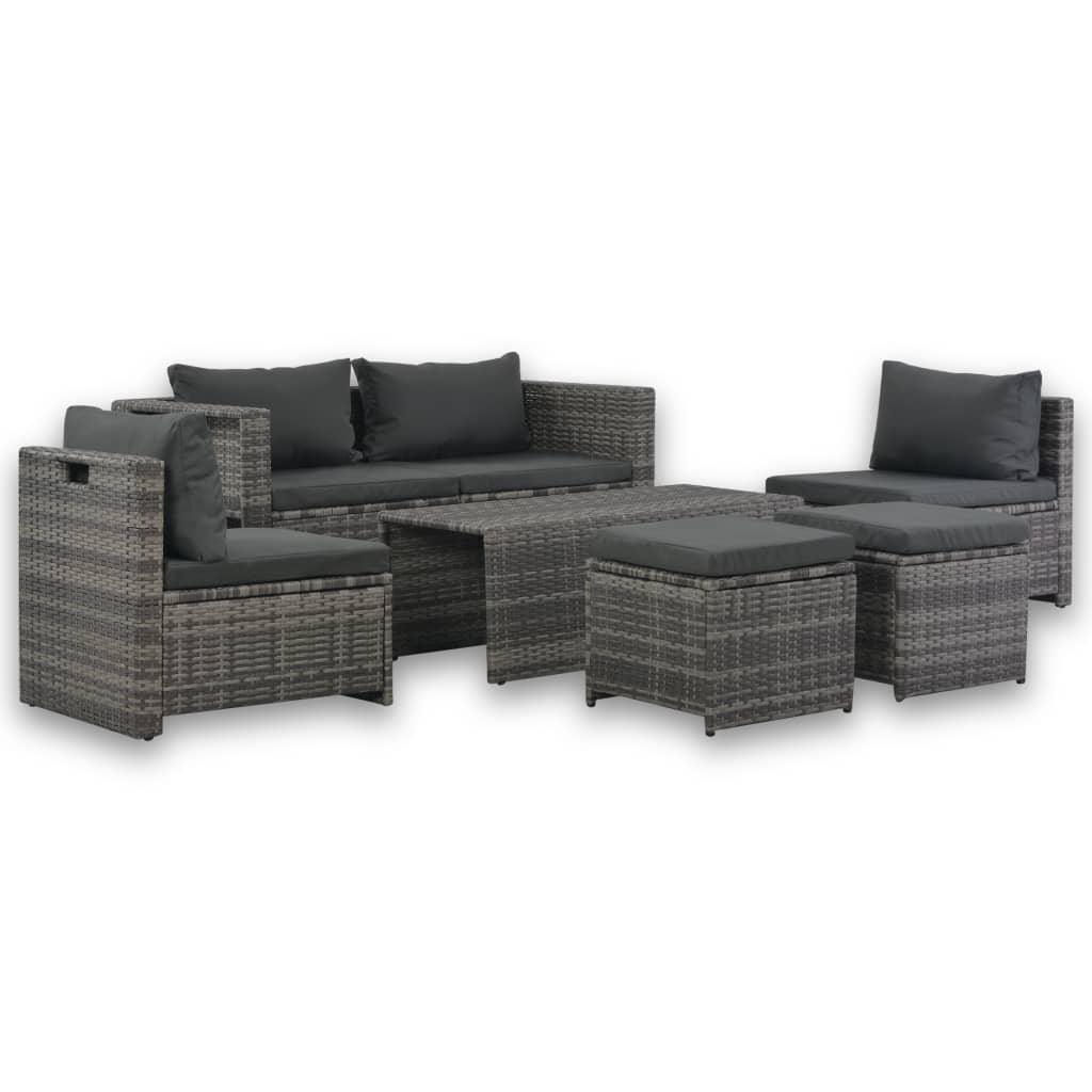 6 Piece Patio Lounge Set with Cushions Poly Rattan Gray - vidaXL - 44722 - Set Shop and Smile