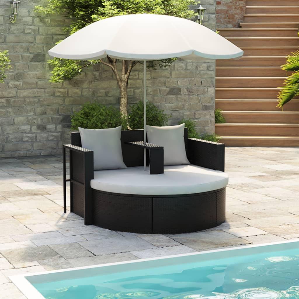 Patio Bed with Parasol Black Poly Rattan