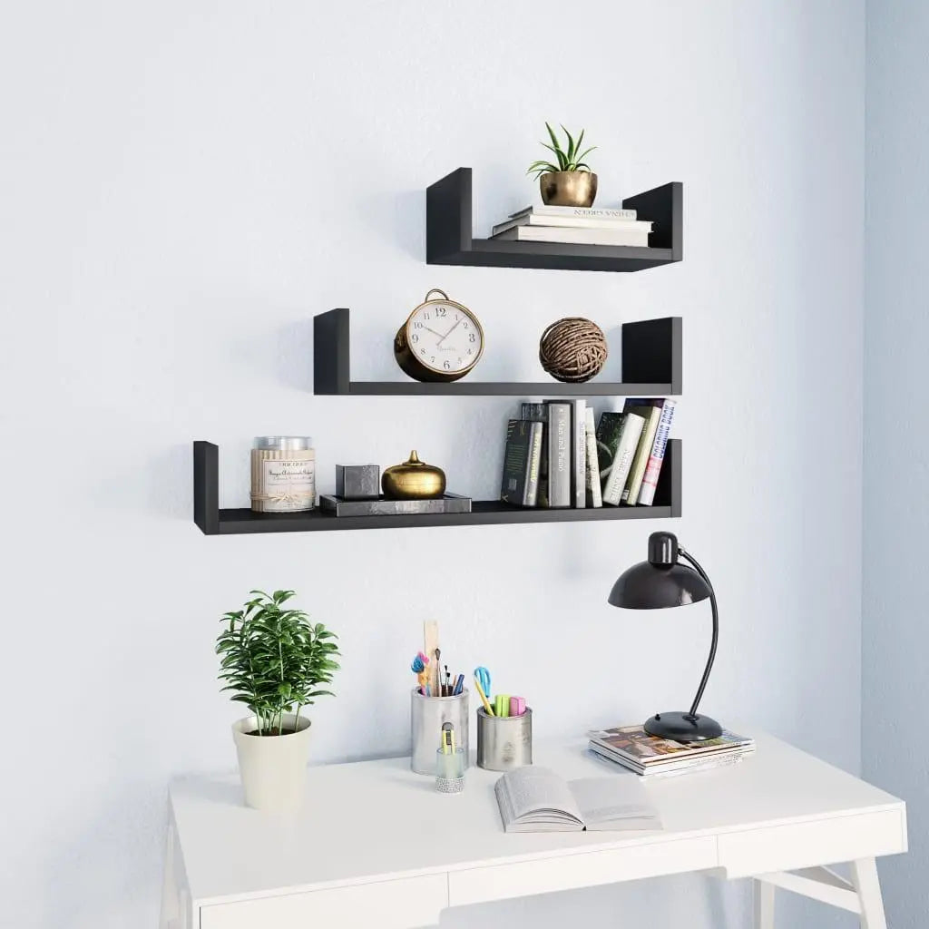 Wall Display Shelf 3 pcs Black Engineered Wood