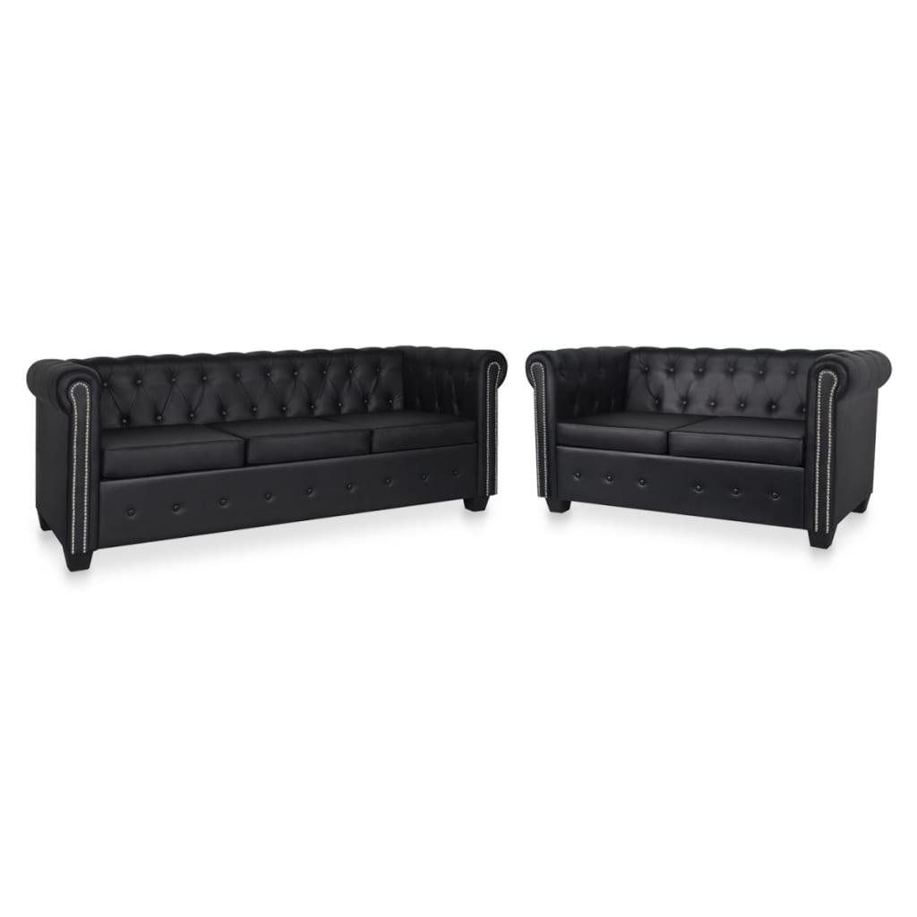 Chesterfield Sofa Set 2-Seater and 3-Seater Black Faux Leather - vidaXL - 278524 - Set Shop and Smile