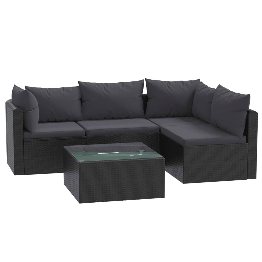 5 Piece Patio Lounge Set with Cushions Poly Rattan Black at Set Shop and Smile