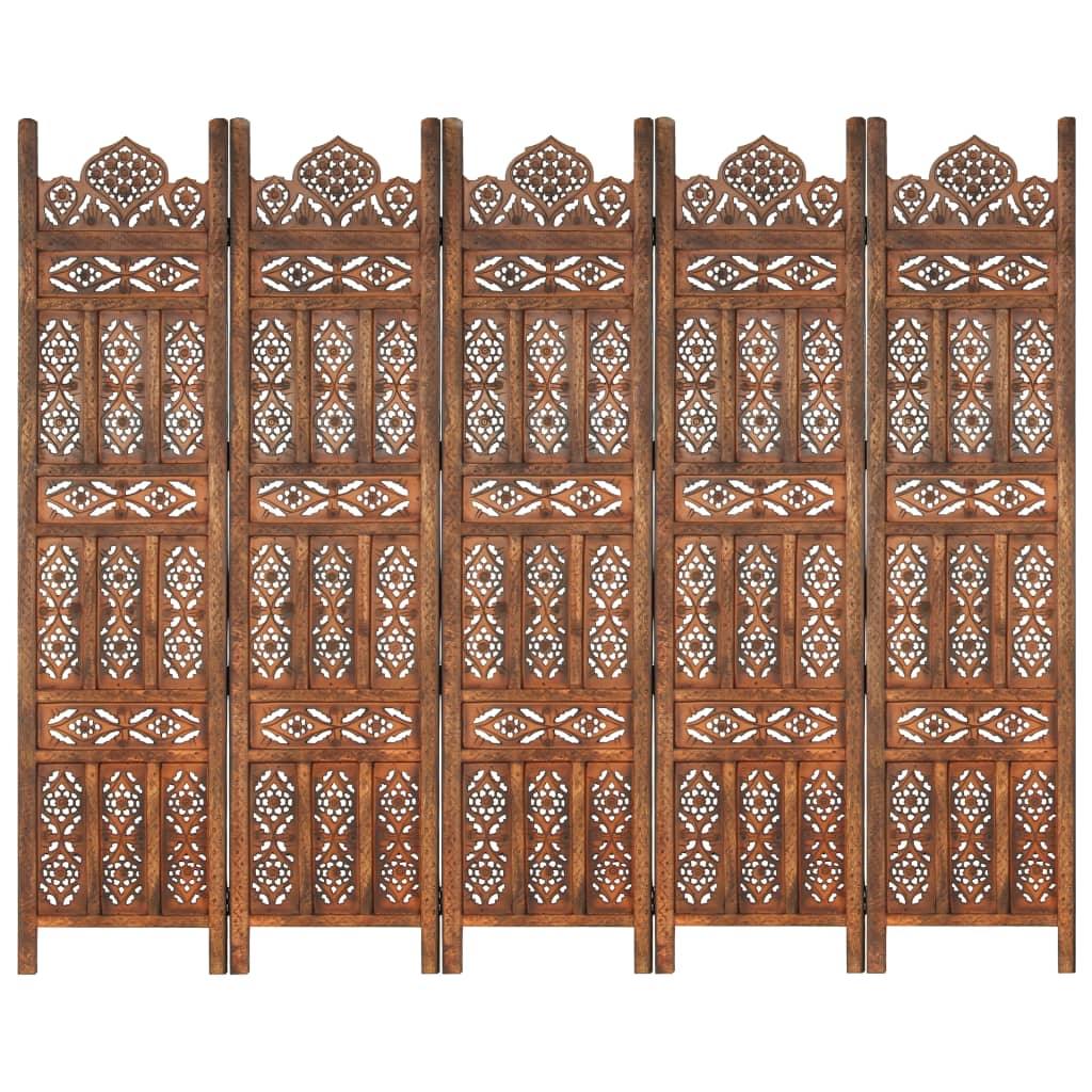 Hand carved 5-Panel Room Divider Brown 78.7"x65" Solid Mango Wood - vidaXL - 285326 - Set Shop and Smile