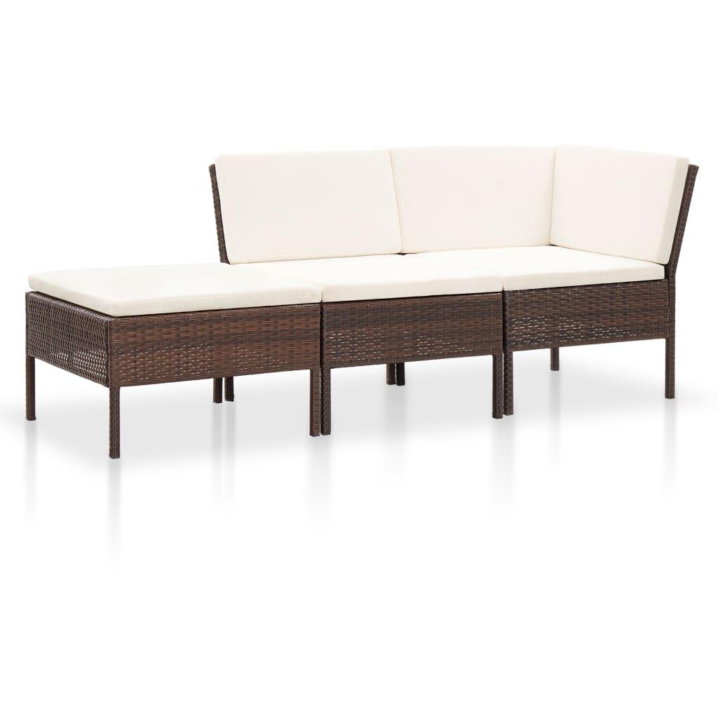 3 Piece Patio Lounge Set with Cushions Poly Rattan Brown - vidaXL - 48959 - Set Shop and Smile