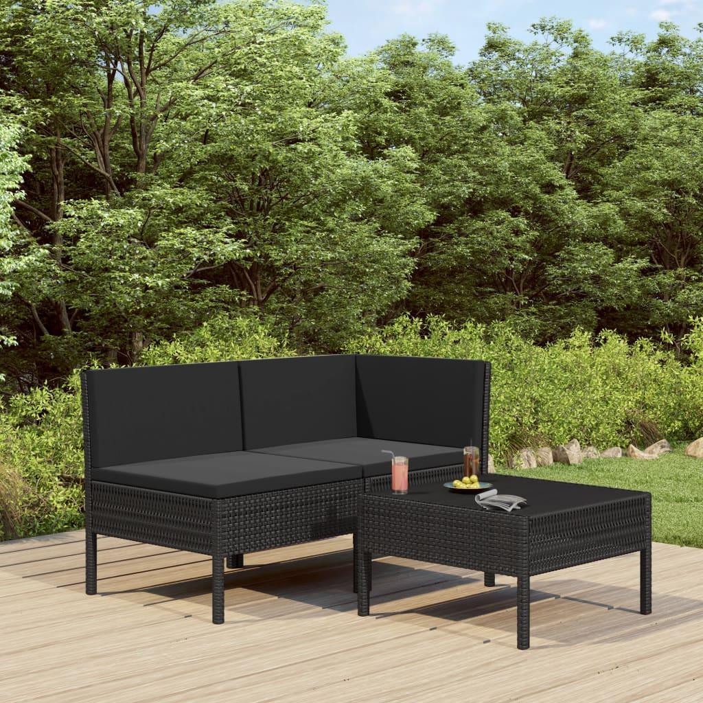 3 Piece Patio Lounge Set with Cushions Poly Rattan Black