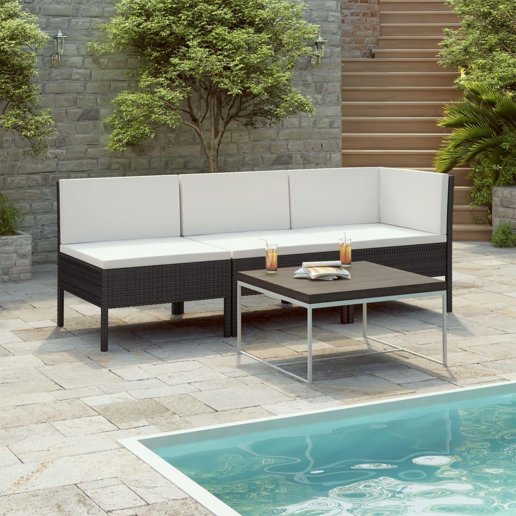 3 Piece Patio Lounge Set with Cushions Poly Rattan Black