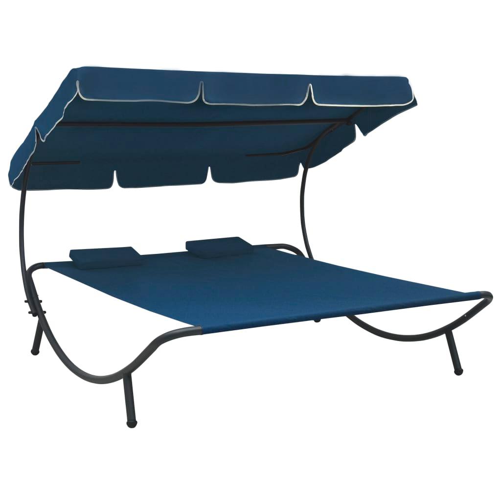 Patio Lounge Bed with Canopy and Pillows Blue