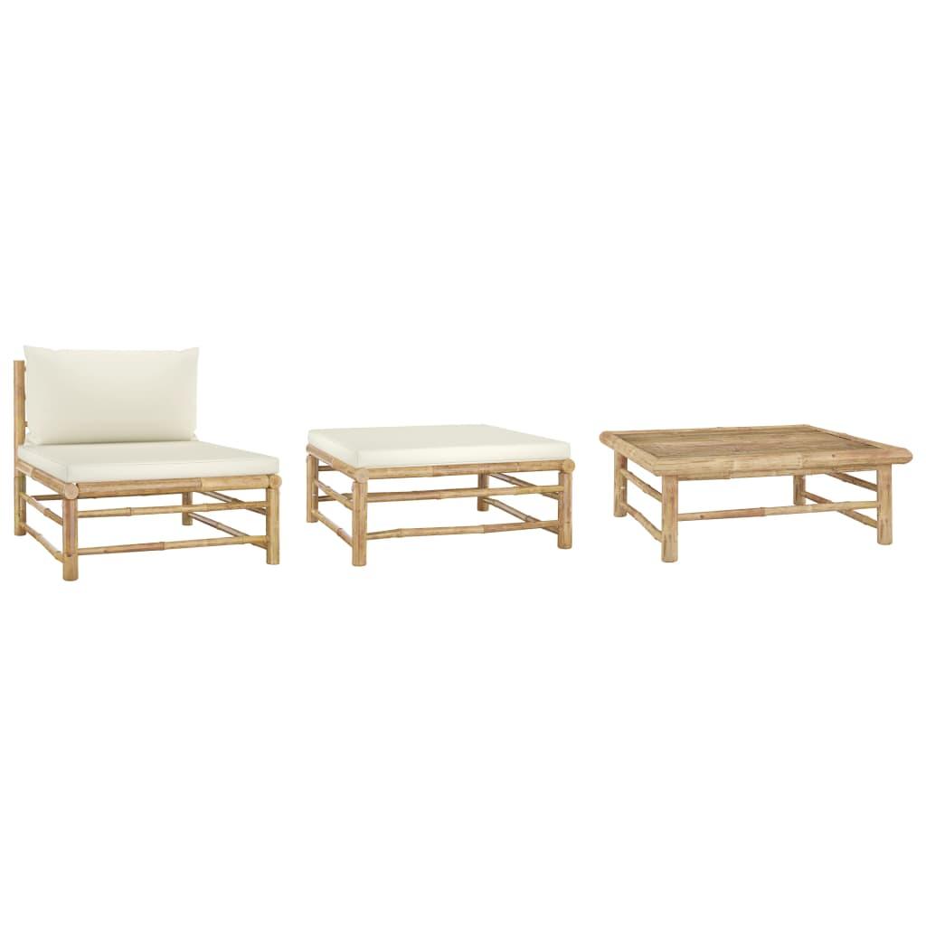 3 Piece Patio Lounge Set with Cream White Cushions Bamboo