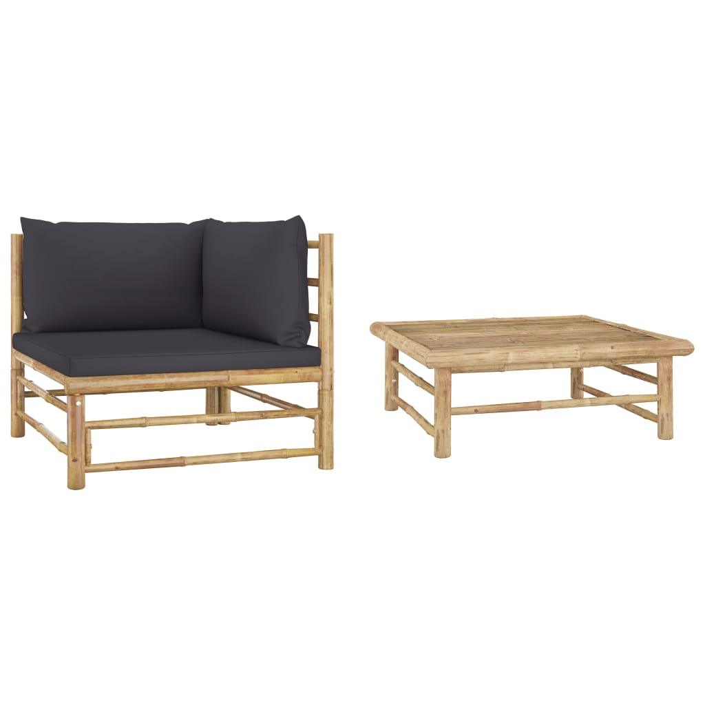 2 Piece Patio Lounge Set with Dark Gray Cushions Bamboo