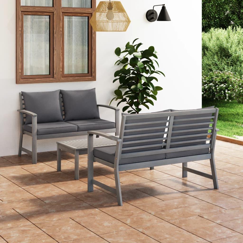 3 Piece Garden Lounge Set with Cushion Solid Acacia Wood Gray - vidaXL - 3057784 - Set Shop and Smile