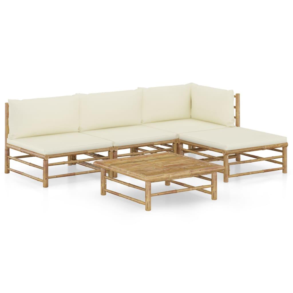 5 Piece Patio Lounge Set with Cream White Cushions Bamboo - vidaXL - 3058191 - Set Shop and Smile