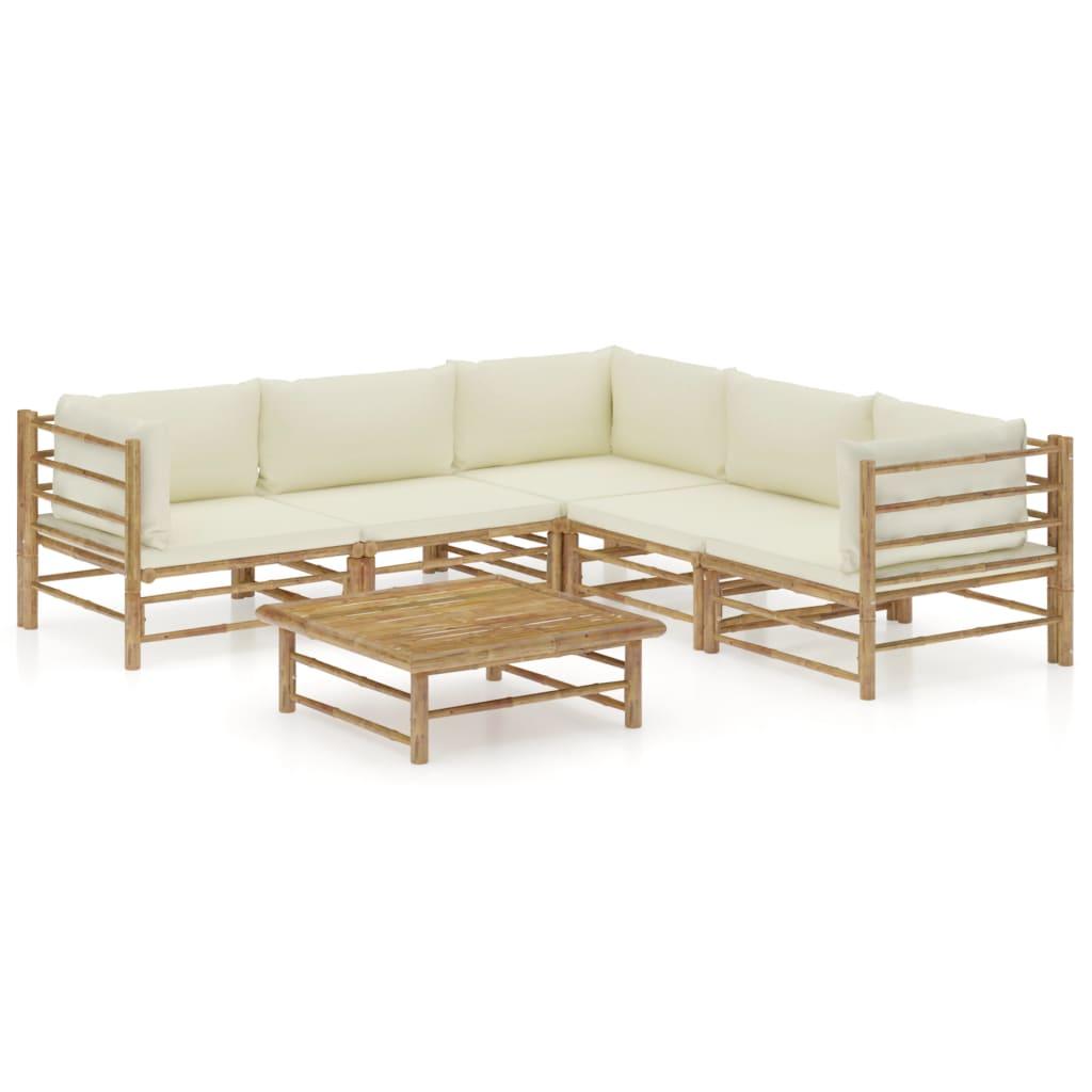 6 Piece Patio Lounge Set with Cream White Cushions Bamboo