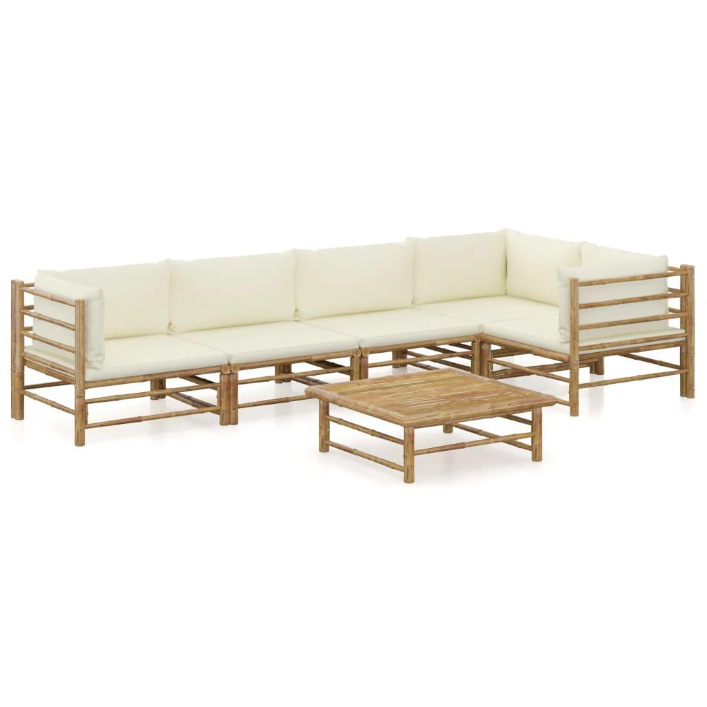 6 Piece Patio Lounge Set with Cream White Cushions Bamboo - vidaXL - 3058239 - Set Shop and Smile