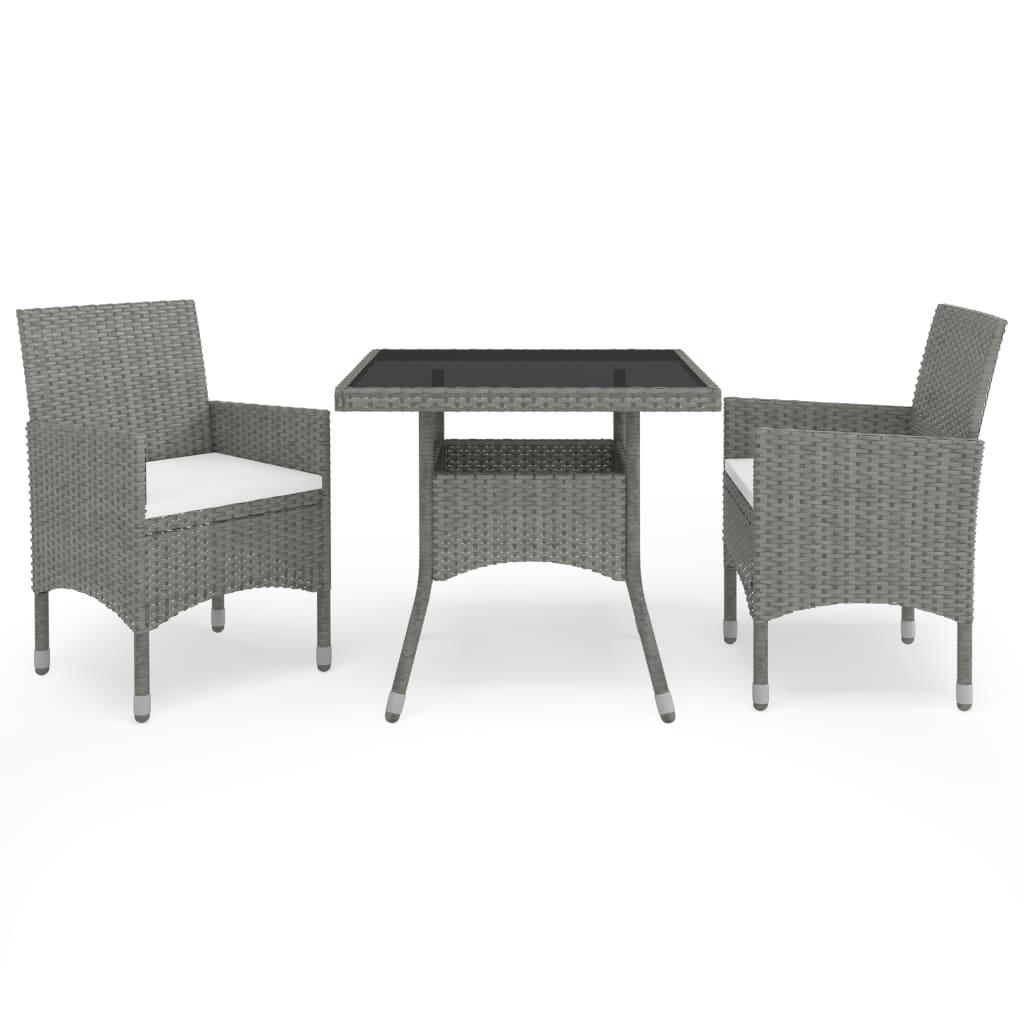 3 Piece Patio Dining Set Gray Poly Rattan and Glass
