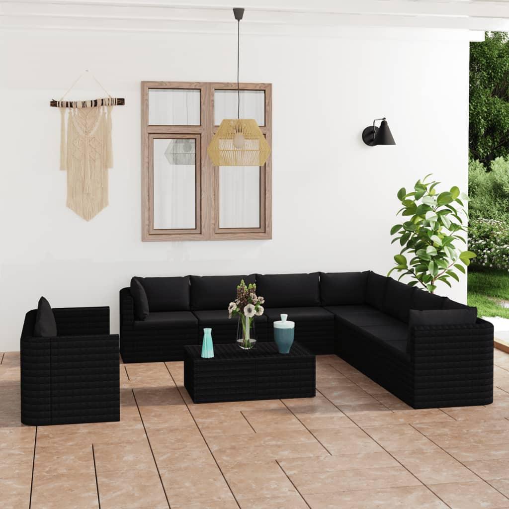 11 Piece Patio Lounge Set with Cushions Poly Rattan Black - vidaXL - 3059497 - Set Shop and Smile
