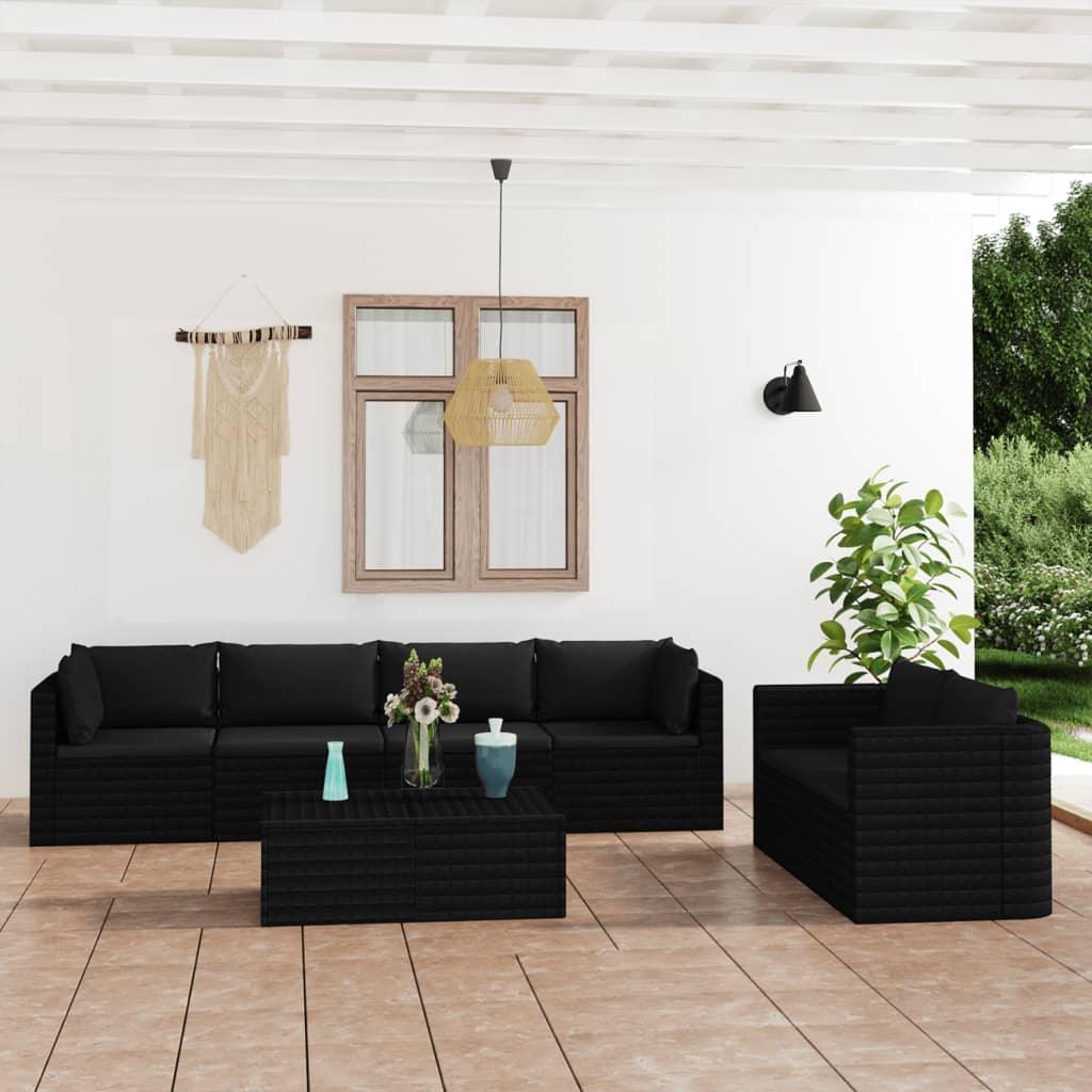 7 Piece Patio Lounge Set with Cushions Poly Rattan Black