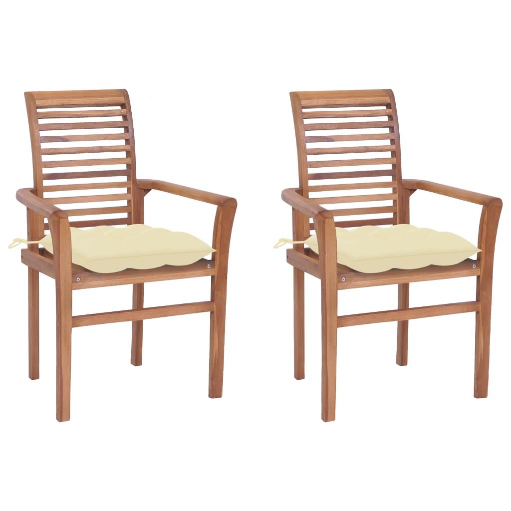 Dining Chairs 2 pcs with Cream White Cushions Solid Teak Wood