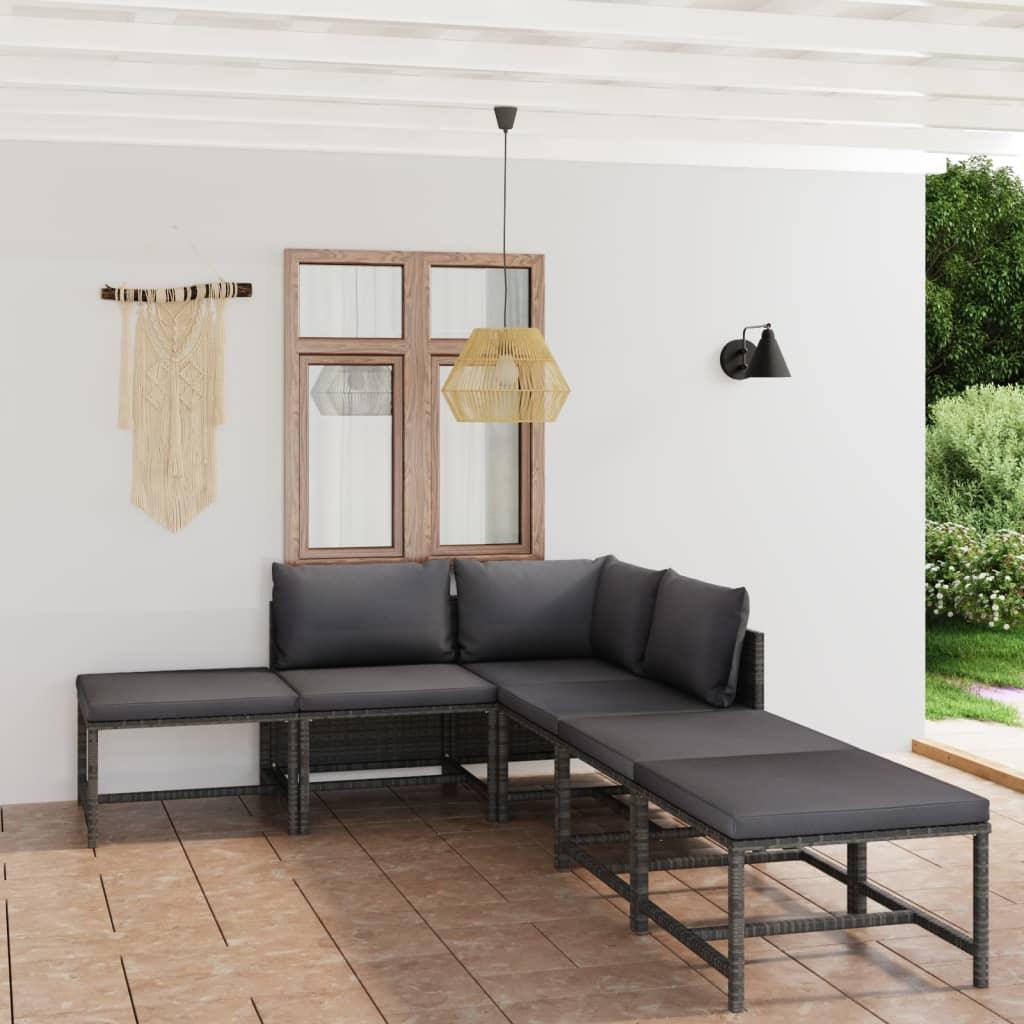 6 Piece Patio Lounge Set with Cushions Poly Rattan Gray - vidaXL - 3059757 - Set Shop and Smile