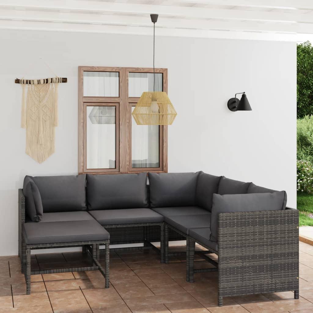 6 Piece Patio Lounge Set with Cushions Poly Rattan Gray - vidaXL - 3059760 - Set Shop and Smile