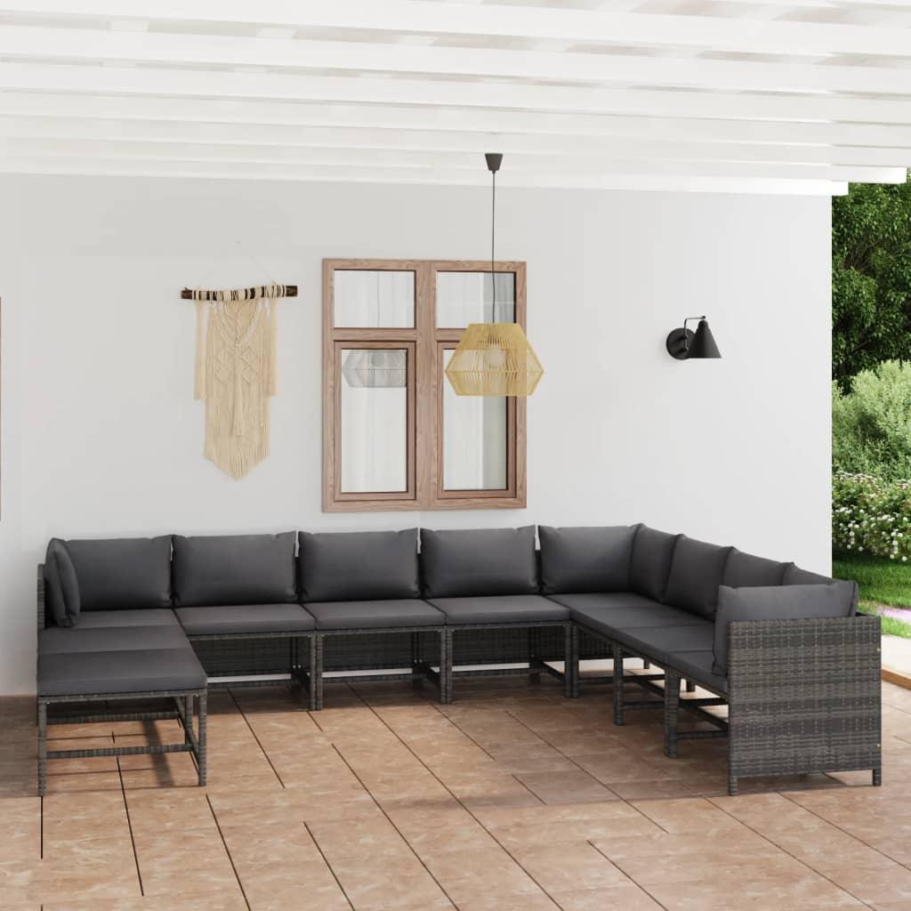 11 Piece Patio Lounge Set with Cushions Poly Rattan Gray - vidaXL - 3059775 - Set Shop and Smile