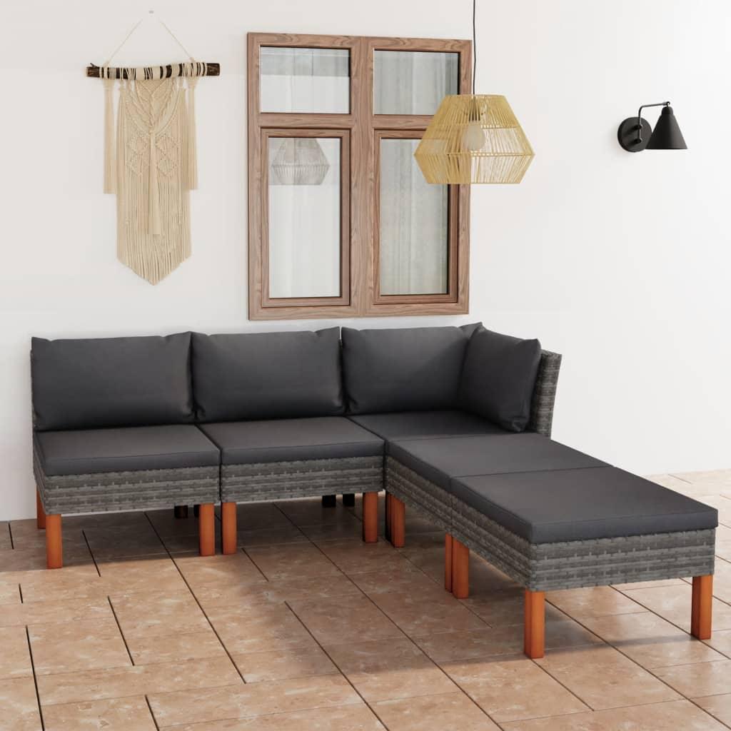 5 Piece Patio Lounge Set with Cushions Poly Rattan Gray - vidaXL - 3059710 - Set Shop and Smile