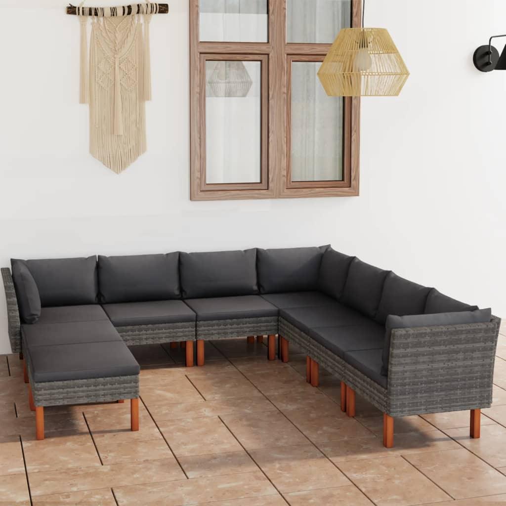 9 Piece Patio Lounge Set with Cushions Poly Rattan Gray - vidaXL - 3059721 - Set Shop and Smile