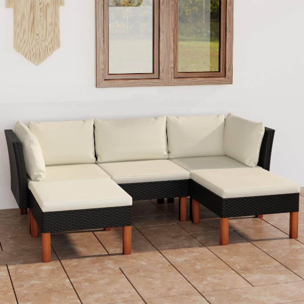 5 Piece Patio Lounge Set with Cushions Poly Rattan Black - vidaXL - 3059733 - Set Shop and Smile
