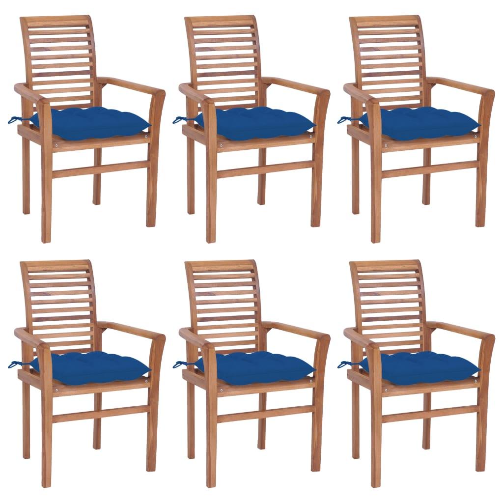 Dining Chairs 6 pcs with Blue Cushions Solid Teak Wood