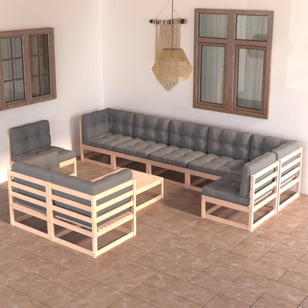 10 Piece Patio Lounge Set with Cushions Solid Pinewood