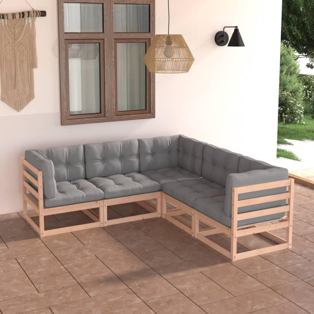5 Piece Patio Lounge Set with Cushions Solid Pinewood - vidaXL - 3076774 - Set Shop and Smile