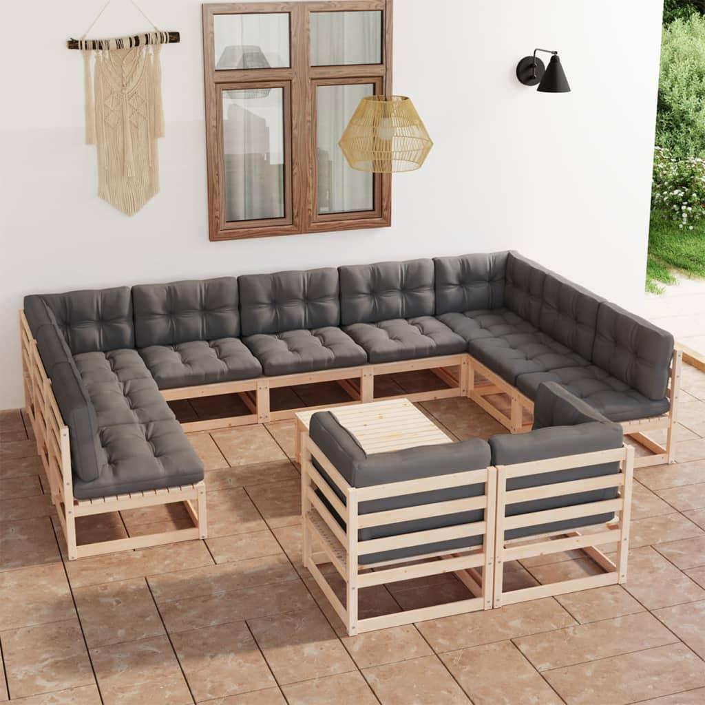 12 Piece Patio Lounge Set with Cushions Solid Pinewood - vidaXL - 3077269 - Set Shop and Smile