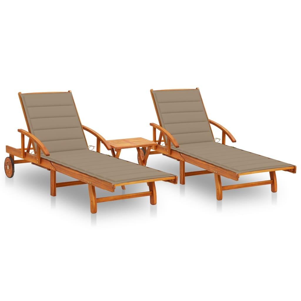 Sun Loungers 2 pcs with Table and Cushions Solid Wood Acacia