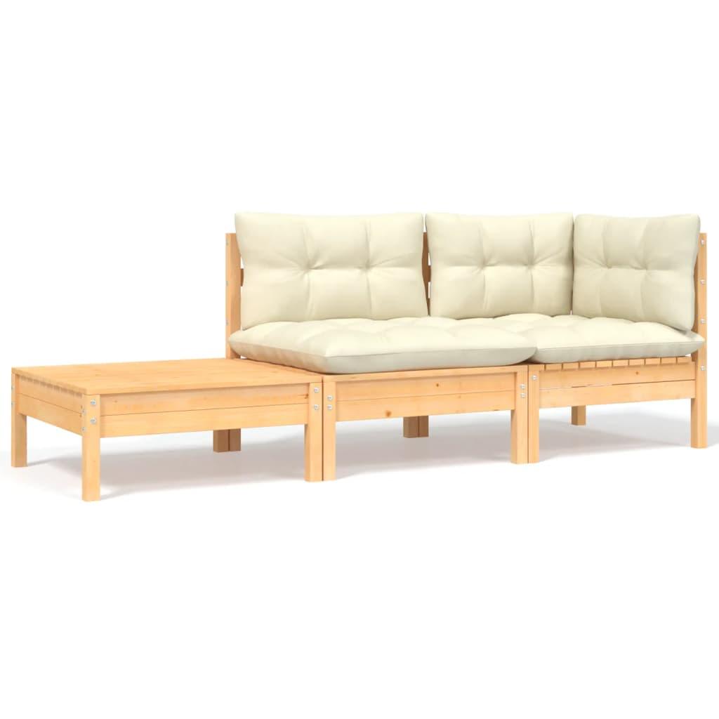 3 Piece Patio Lounge Set with Cream Cushions Solid Pinewood