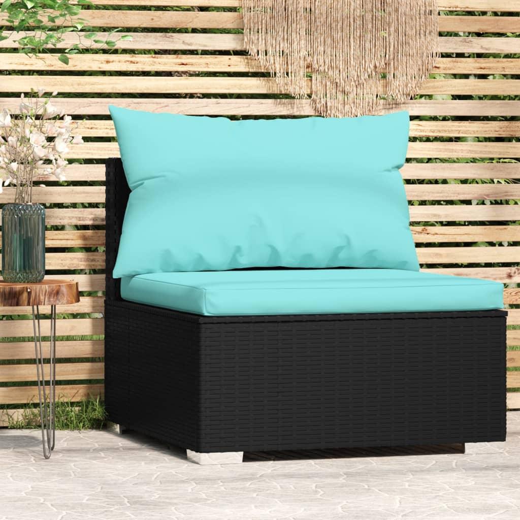 Patio Middle Sofa with Cushions Black Poly Rattan