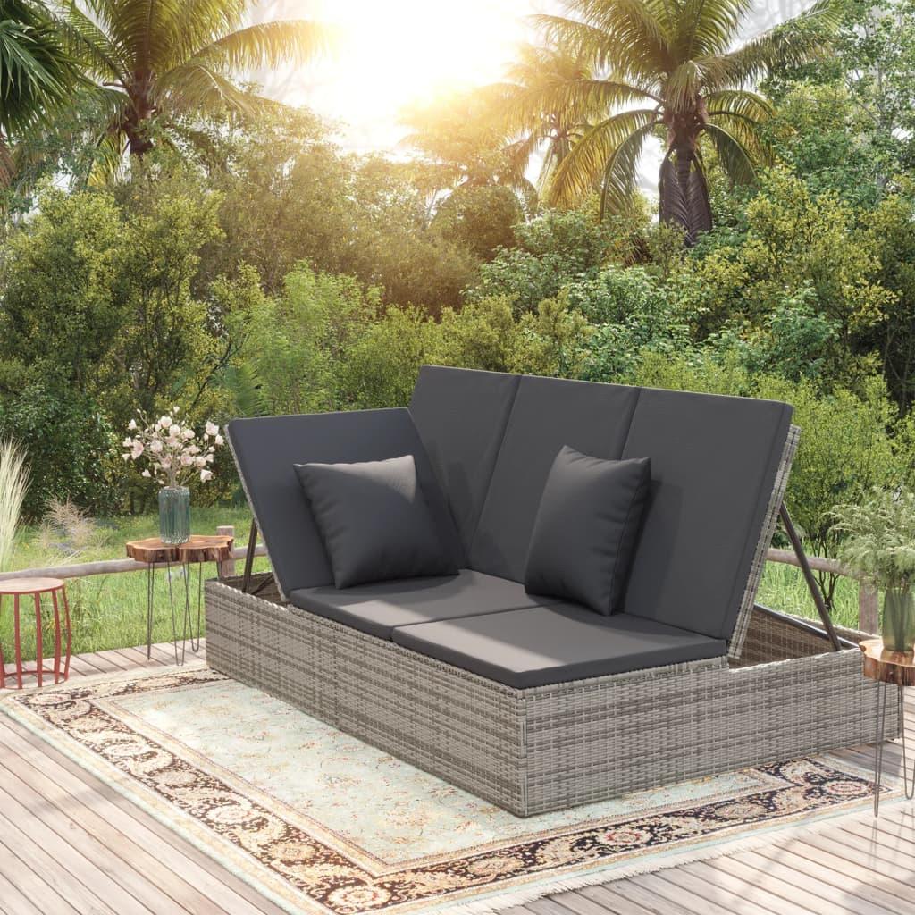 Convertible Sun Bed with Cushions Poly Rattan Dark Gray