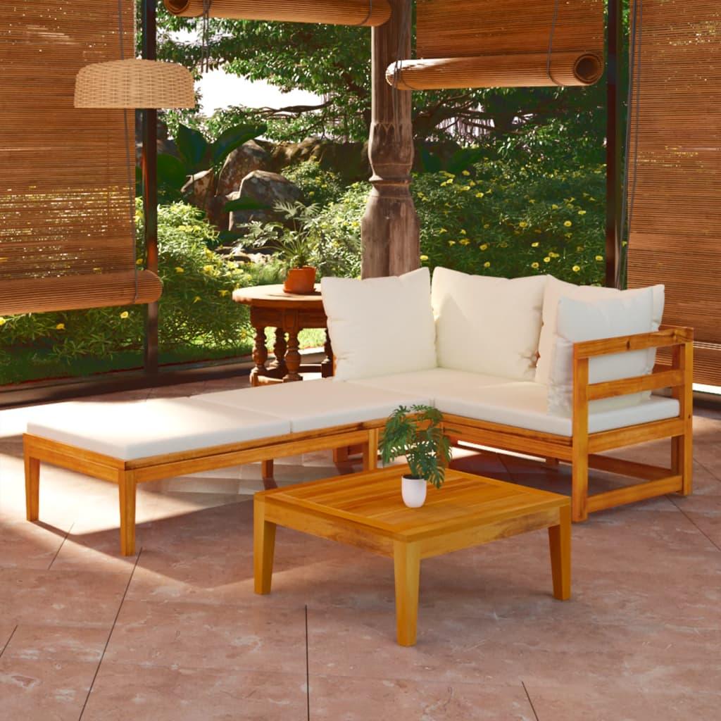 3 Piece Patio Lounge Set with Cream White Cushions Acacia Wood - vidaXL - 3087278 - Set Shop and Smile