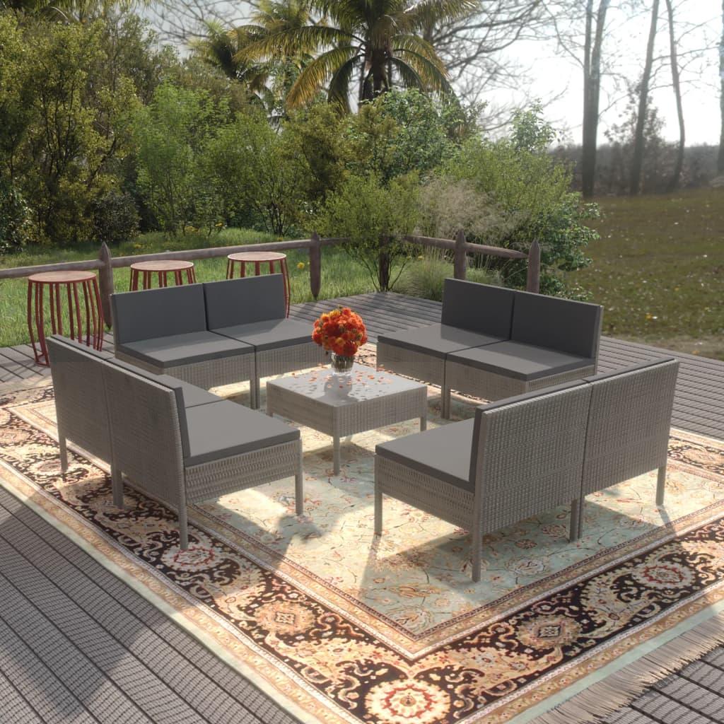 9 Piece Patio Lounge Set with Cushions Poly Rattan Gray - vidaXL - 3094318 - Set Shop and Smile