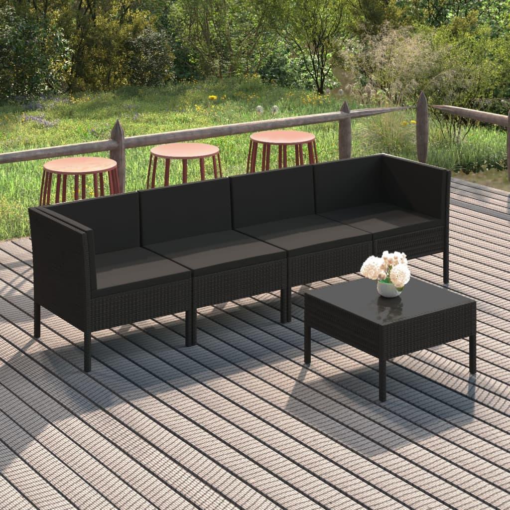 5 Piece Patio Lounge Set with Cushions Poly Rattan Black