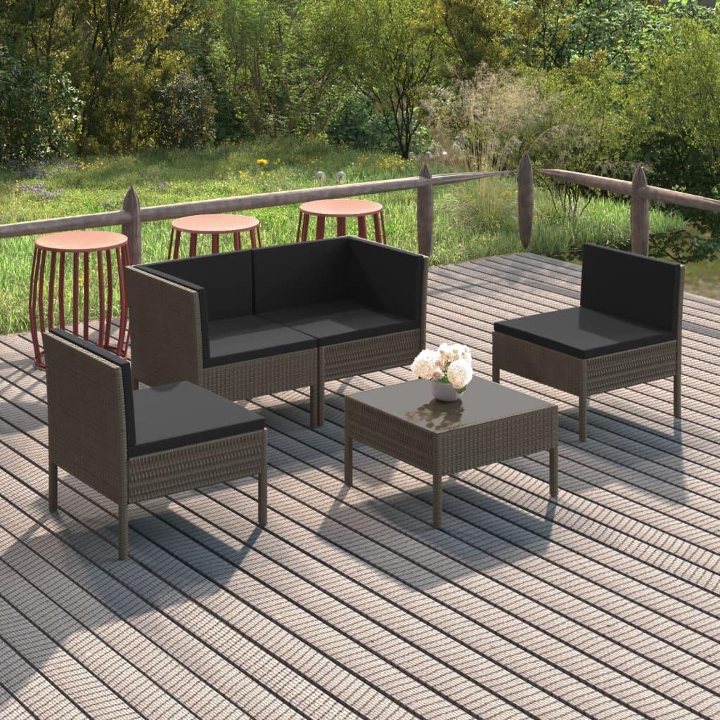 5 Piece Patio Lounge Set with Cushions Poly Rattan Gray