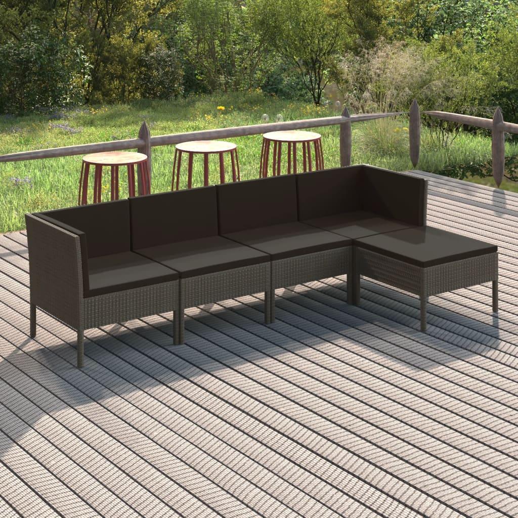 5 Piece Patio Lounge Set with Cushions Poly Rattan Gray - vidaXL - 3094382 - Set Shop and Smile