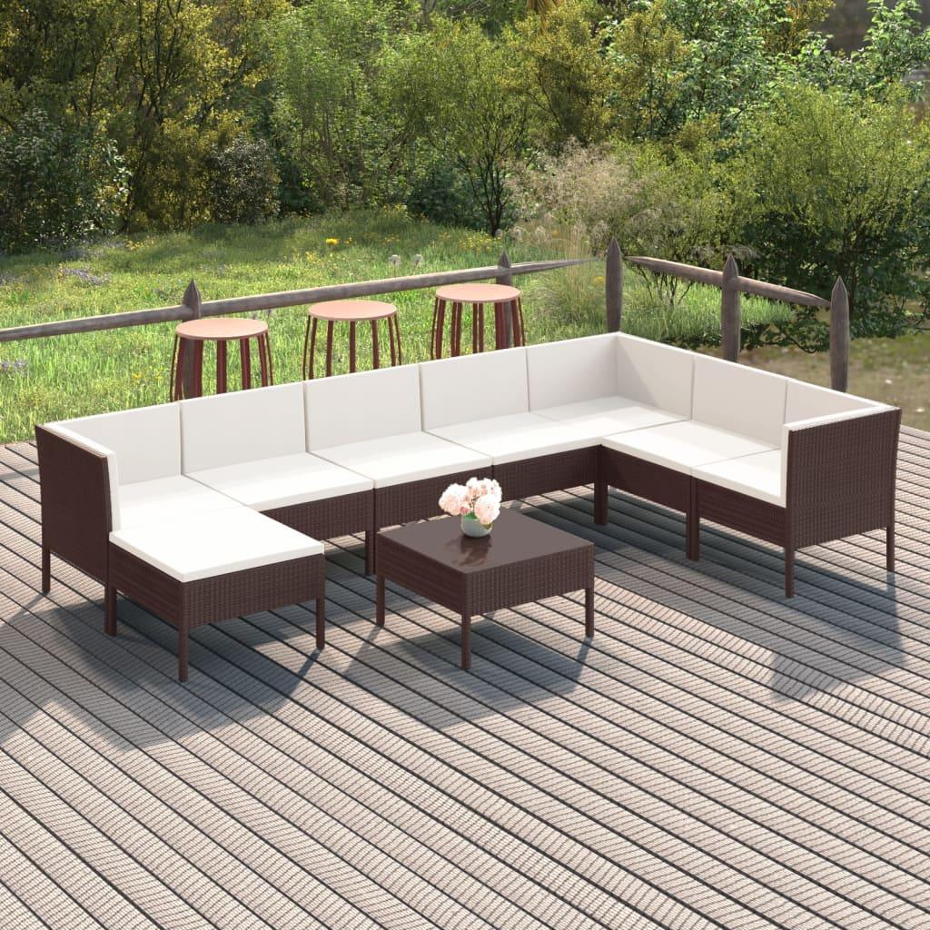 9 Piece Patio Lounge Set with Cushions Poly Rattan Brown