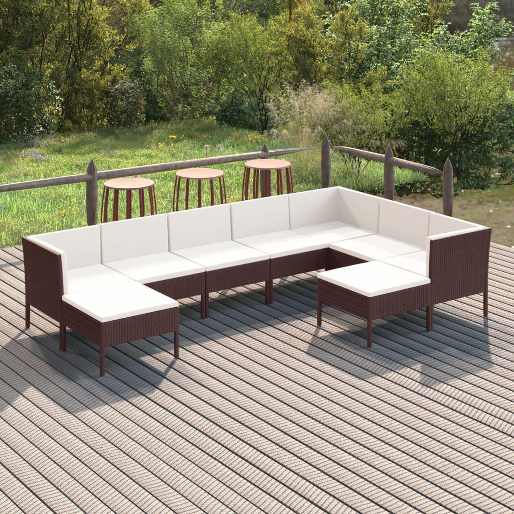 9 Piece Patio Lounge Set with Cushions Poly Rattan Brown - vidaXL - 3094431 - Set Shop and Smile