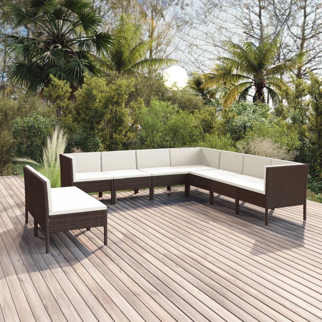 9 Piece Patio Lounge Set with Cushions Poly Rattan Brown - vidaXL - 3094467 - Set Shop and Smile