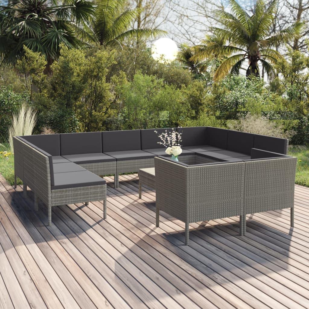 12 Piece Patio Lounge Set with Cushions Poly Rattan Gray - vidaXL - 3094622 - Set Shop and Smile