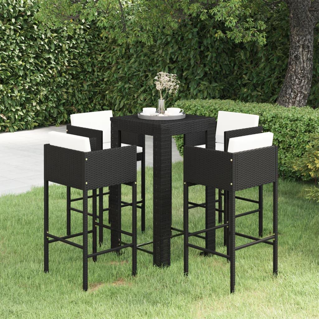 5 Piece Patio Bar Set with Cushions Poly Rattan Black