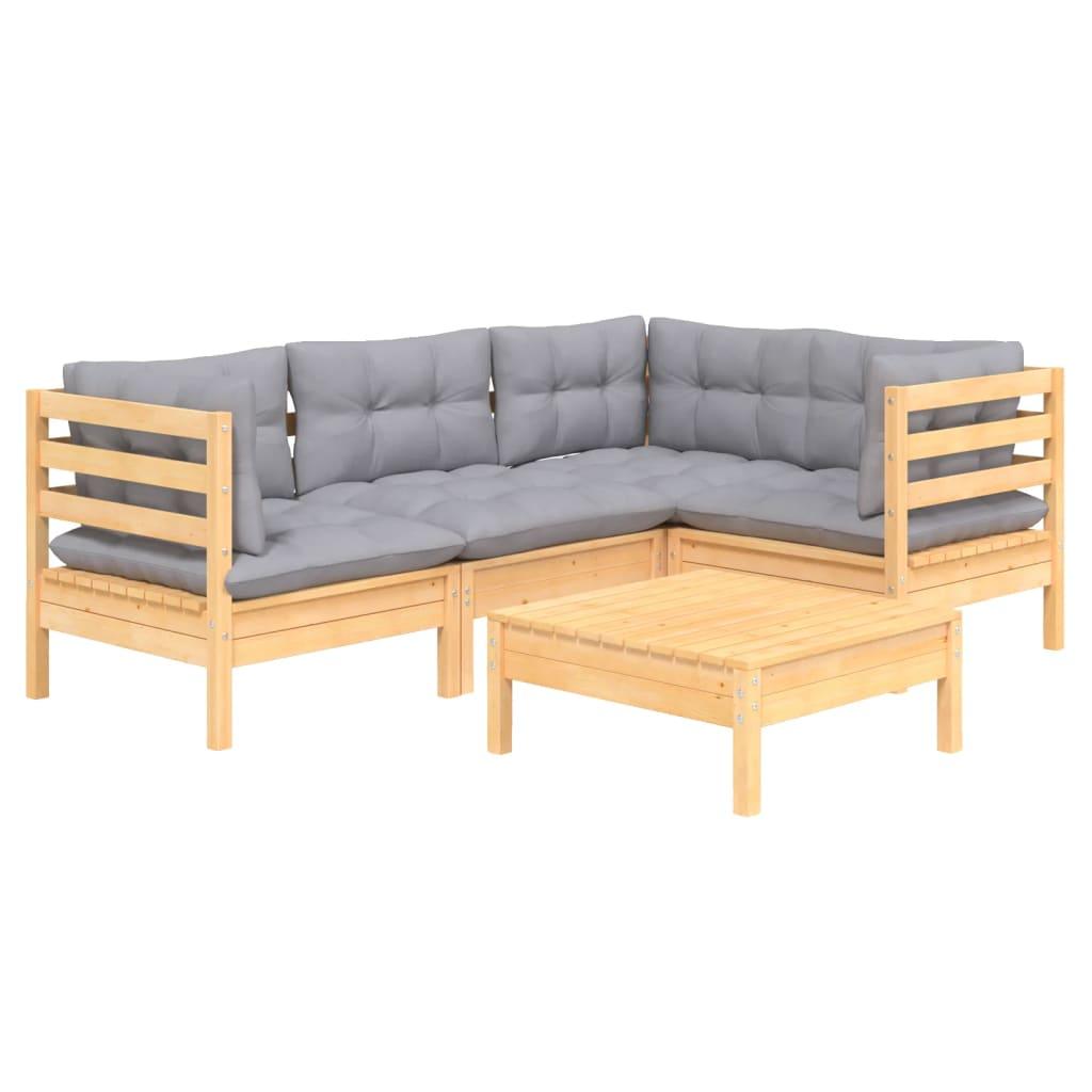 5 Piece Patio Lounge Set with Gray Cushions Pinewood