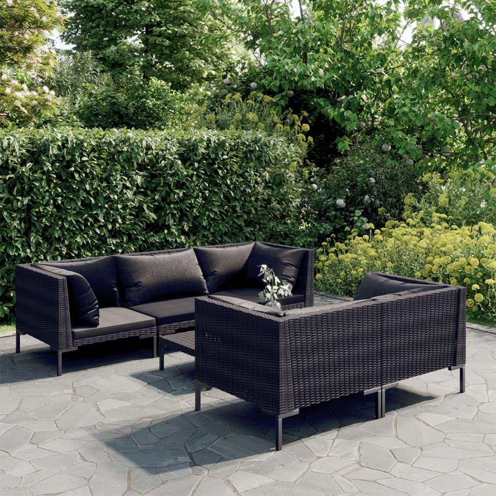 6 Piece Patio Lounge Set with Cushions Poly Rattan Dark Gray - vidaXL - 3099799 - Set Shop and Smile