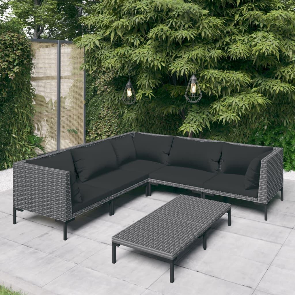 6 Piece Patio Lounge Set with Cushions Poly Rattan Dark Gray - vidaXL - 3099841 - Set Shop and Smile