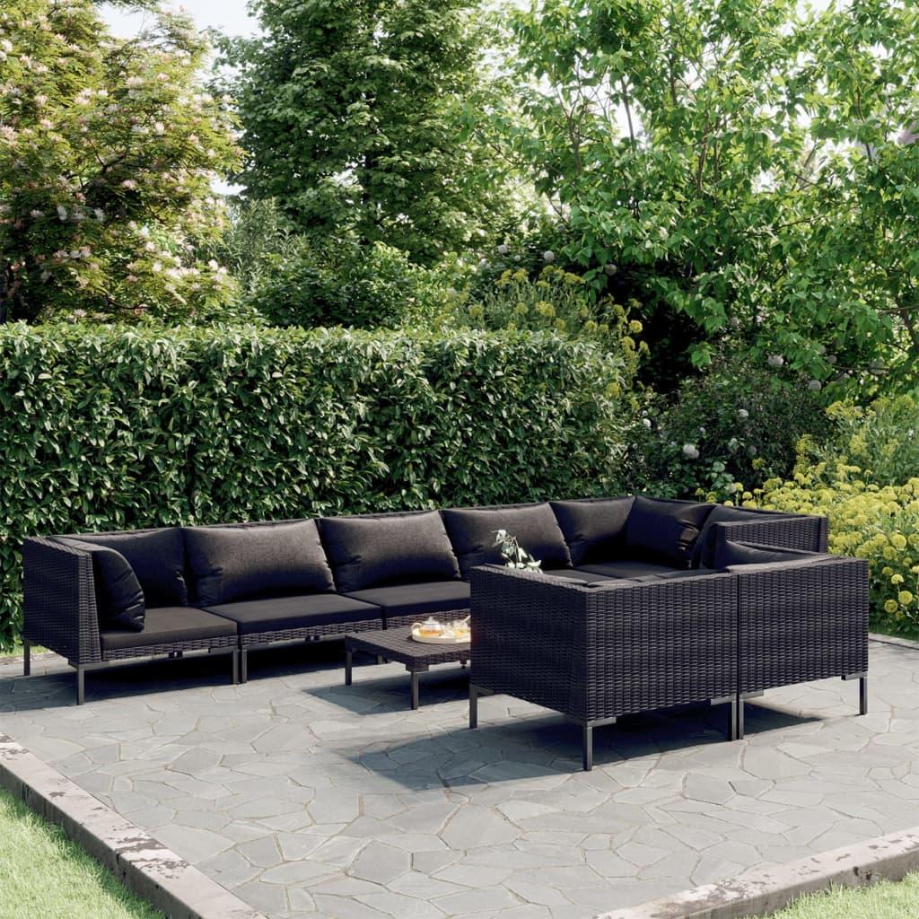 9 Piece Patio Lounge Set with Cushions Poly Rattan Dark Gray - vidaXL - 3099867 - Set Shop and Smile